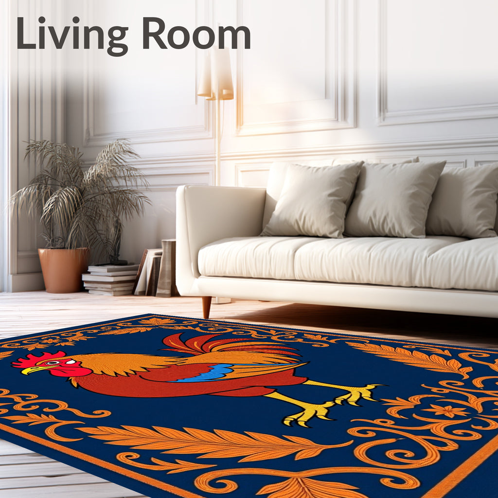 Ornate Rooster Navy Border Rug