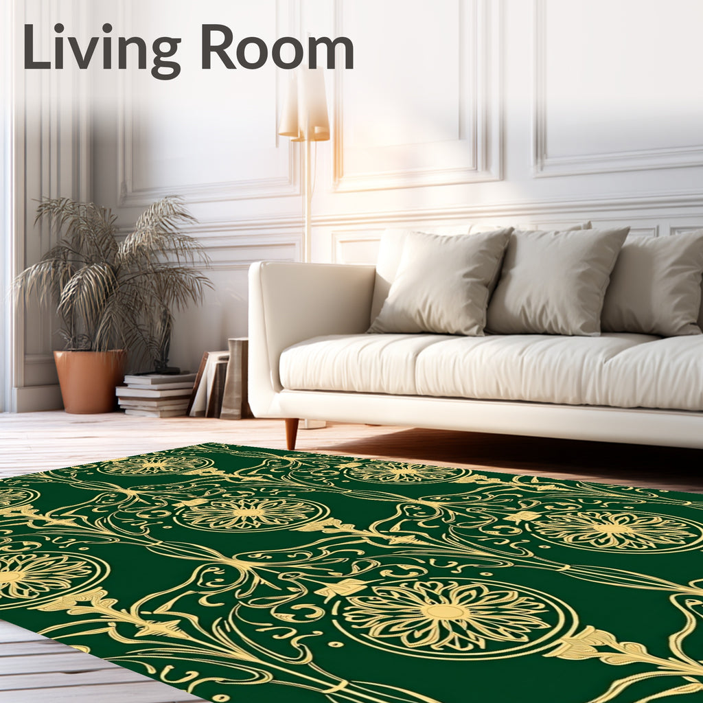 Art Nouveau Gold Floral Swirl Green Rug
