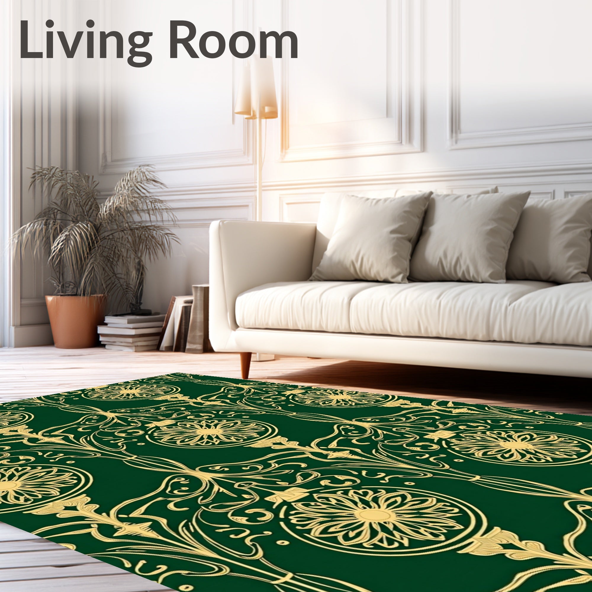 Art Nouveau Gold Floral Swirl Green Rug