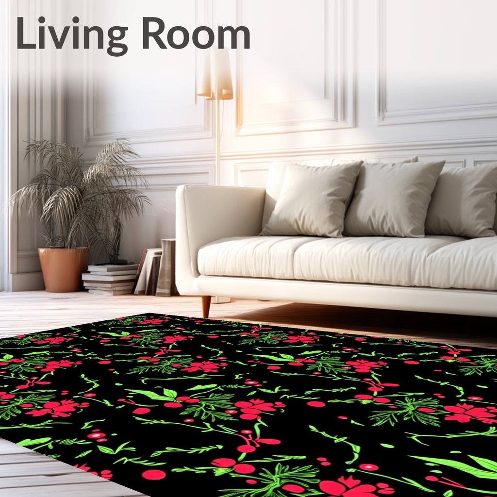 Red Berry Green Foliage Branches Rug