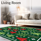 Red Green Pine Trees Snowflakes Rug