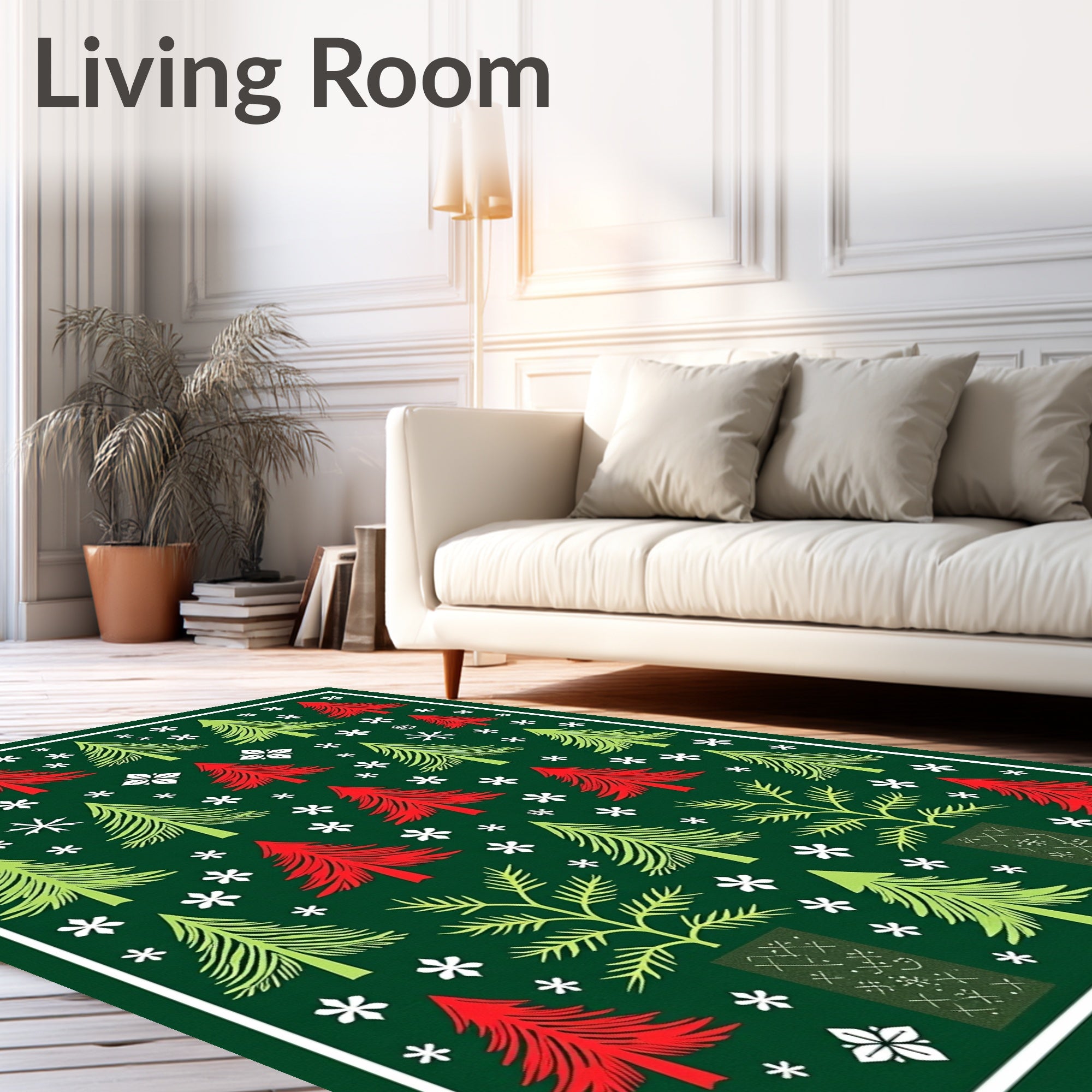 Red Green Pine Trees Snowflakes Rug