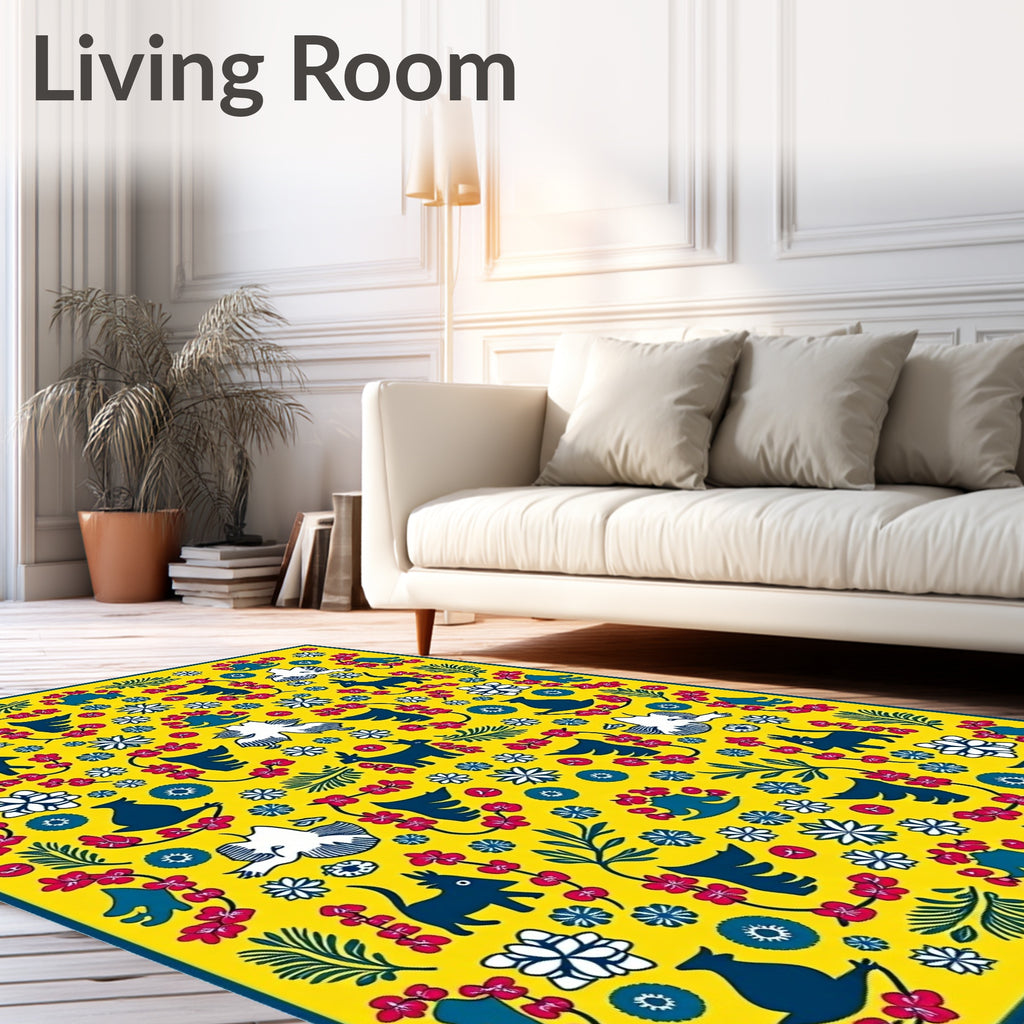 Vibrant Yellow Folk Animal Floral Rug