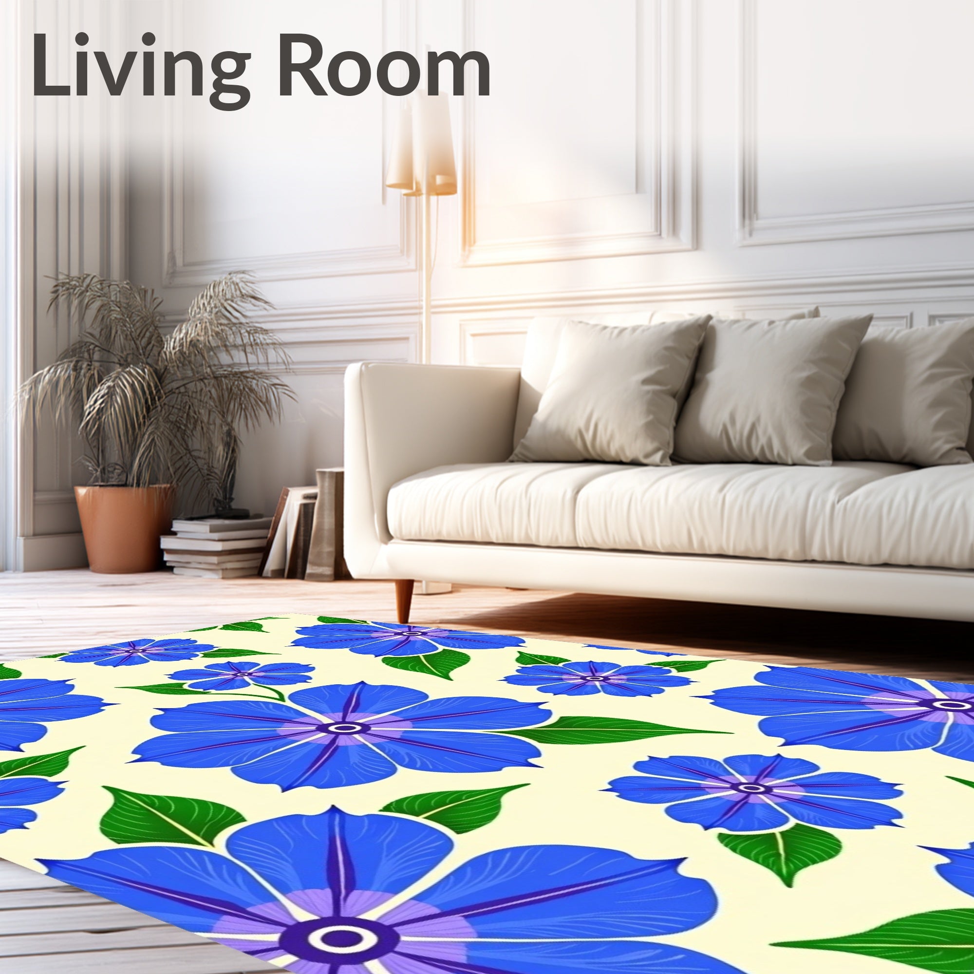 Bright Blue Floral Garden Swirls Rug