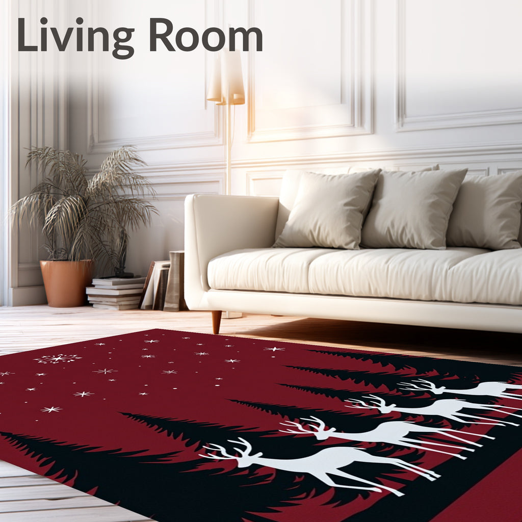Crimson Winter Forest Reindeer Stars Rug