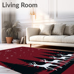 Crimson Winter Forest Reindeer Stars Rug