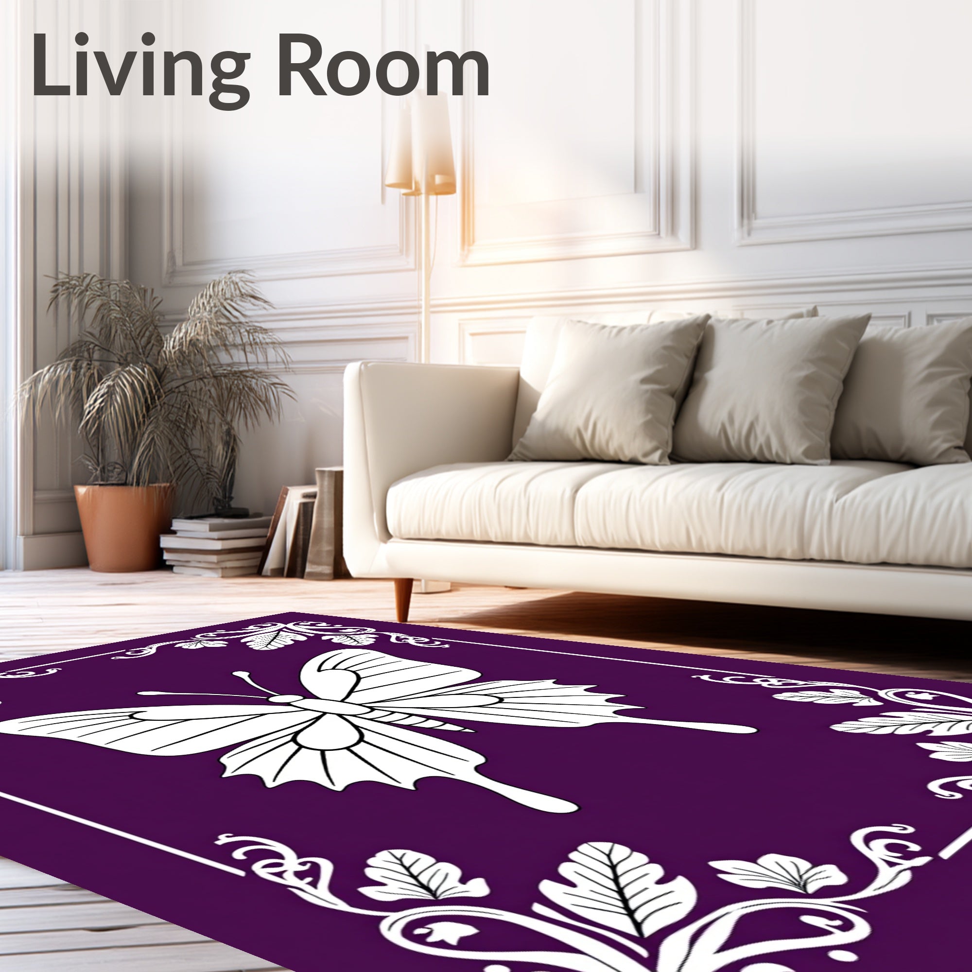 Purple White Butterfly Floral Frame Rug