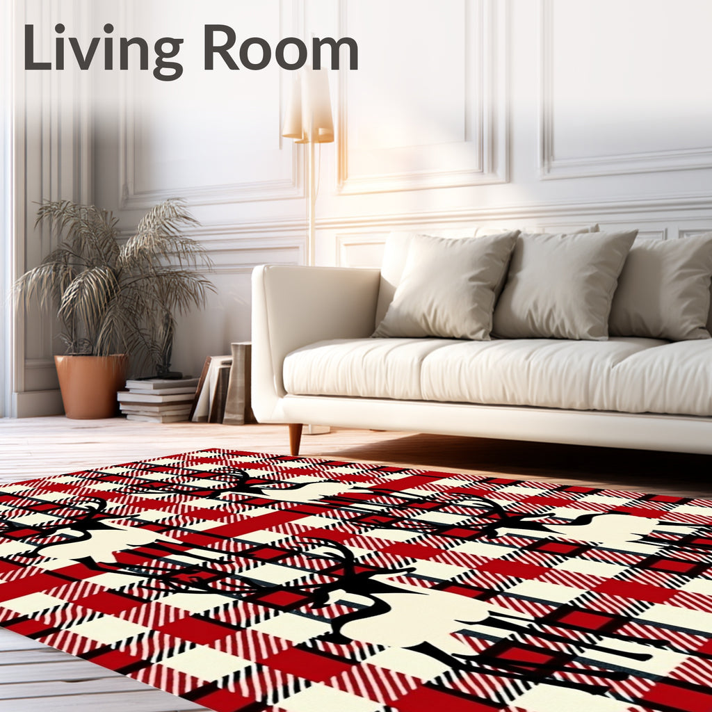 Red Black Cream Plaid Deer Collage Rug