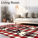 Red Black Cream Plaid Deer Collage Rug
