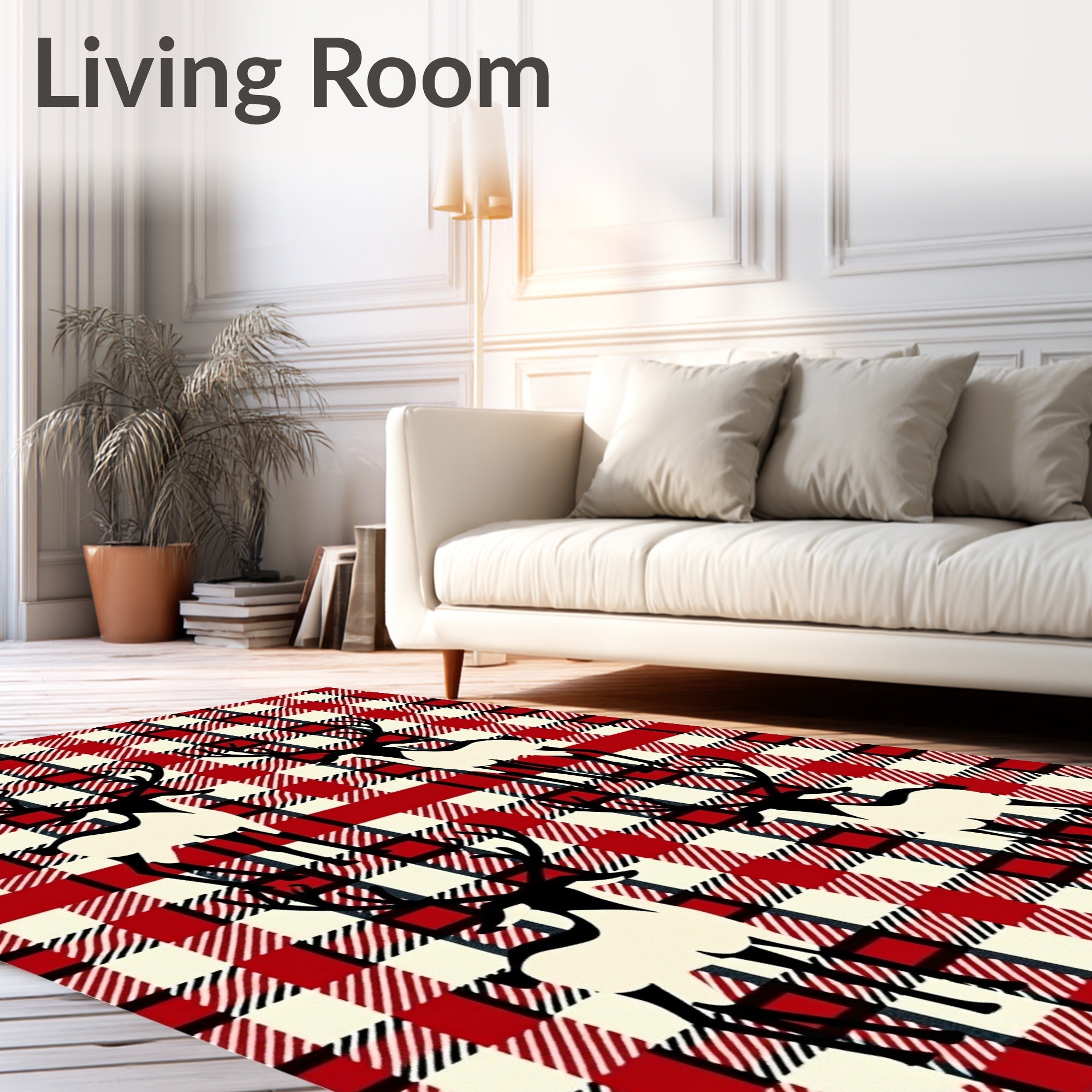 Red Black Cream Plaid Deer Collage Rug