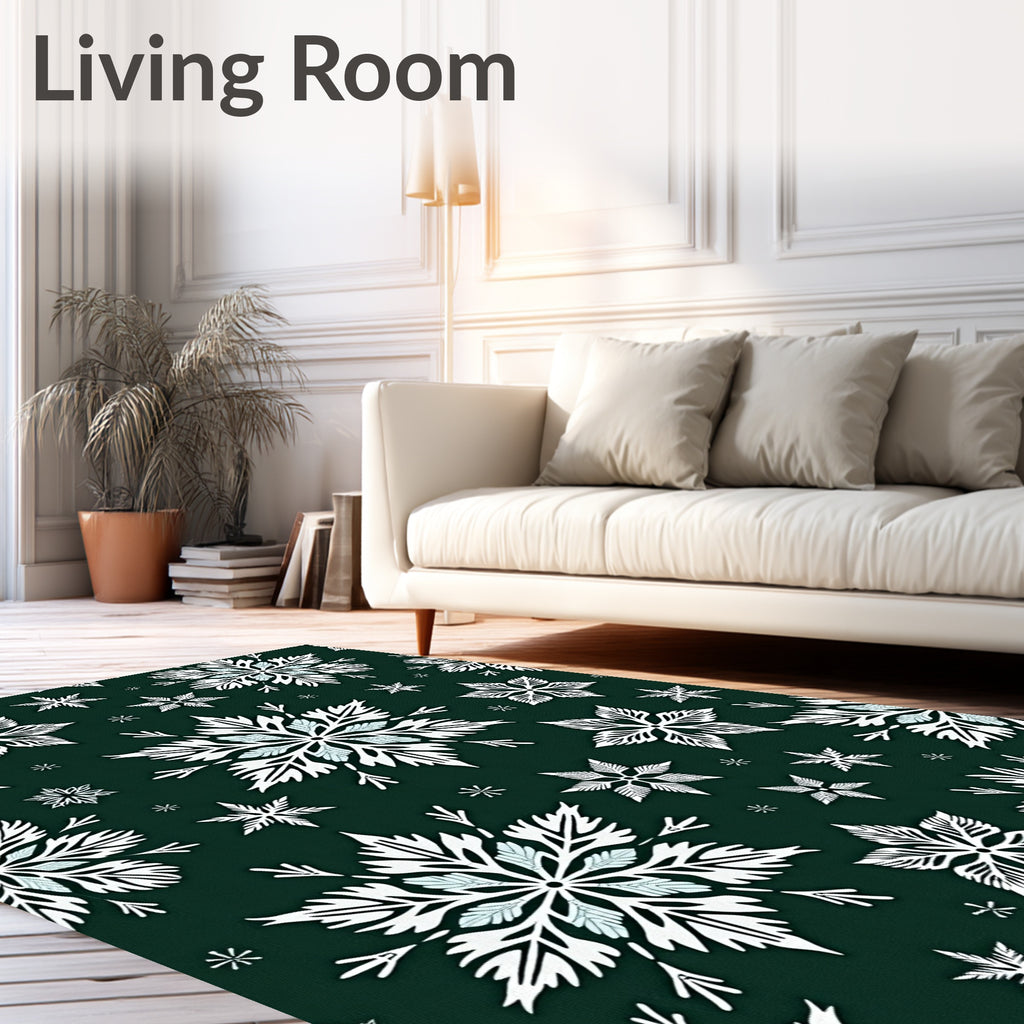 Winter White Snowflake Forest Green Rug