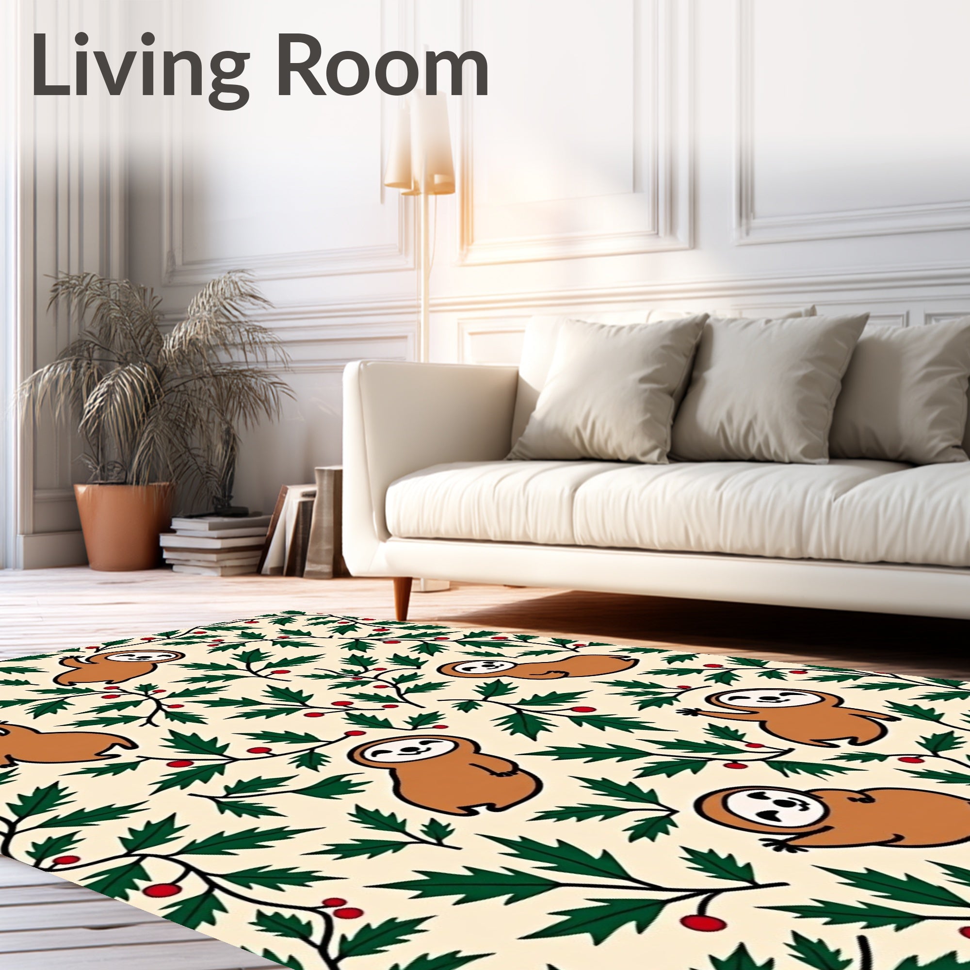 Cute Sloth Holly Berry Background Rug