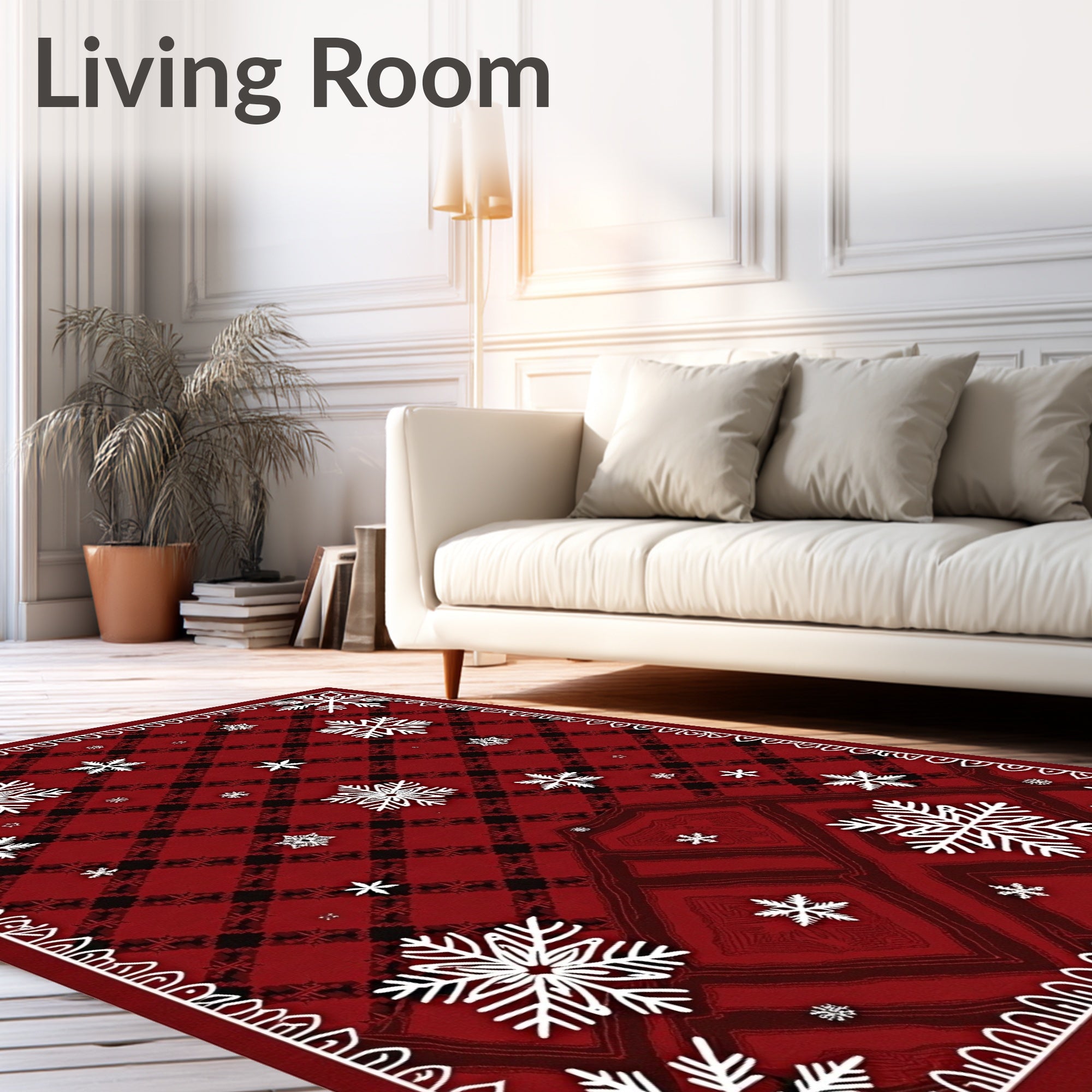 Crimson Plaid Snowflakes Bordered Rug