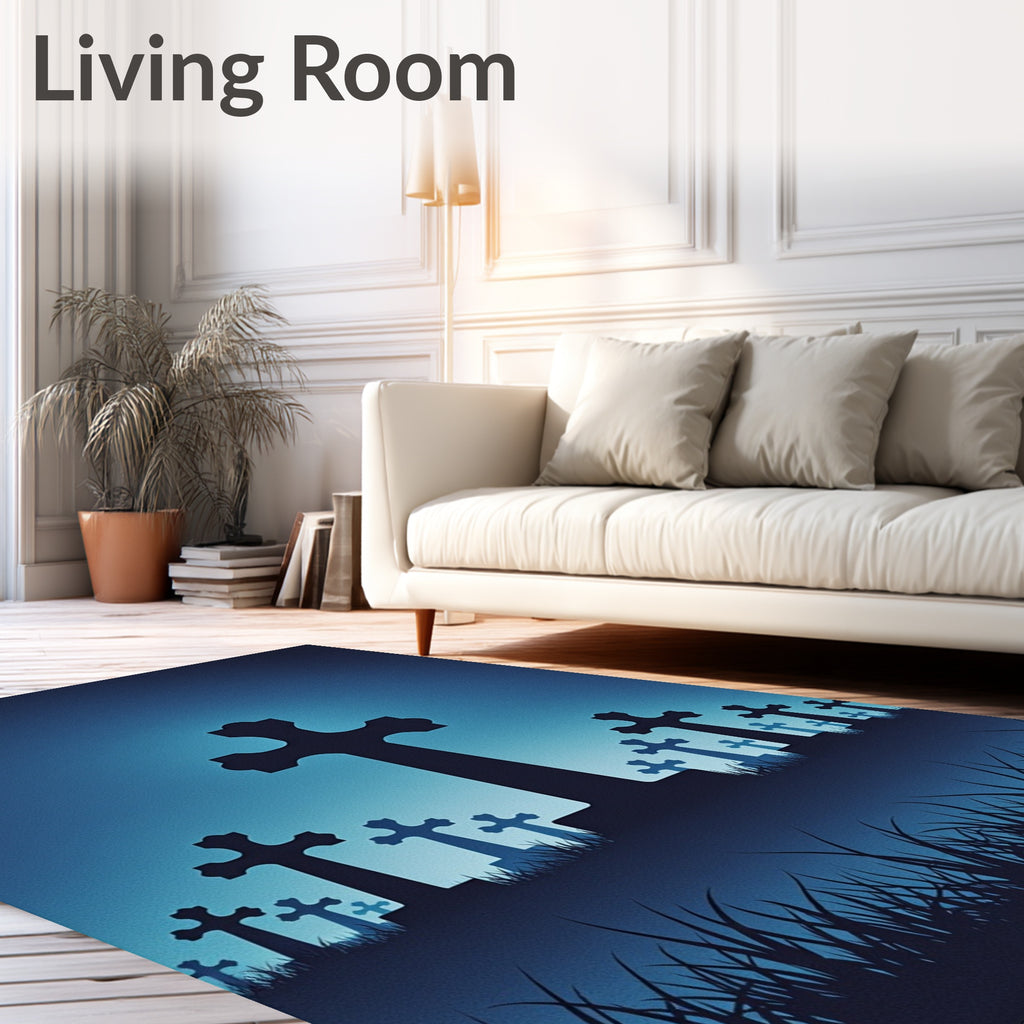 Midnight Blue Cemetery Cross Silhouette Rug