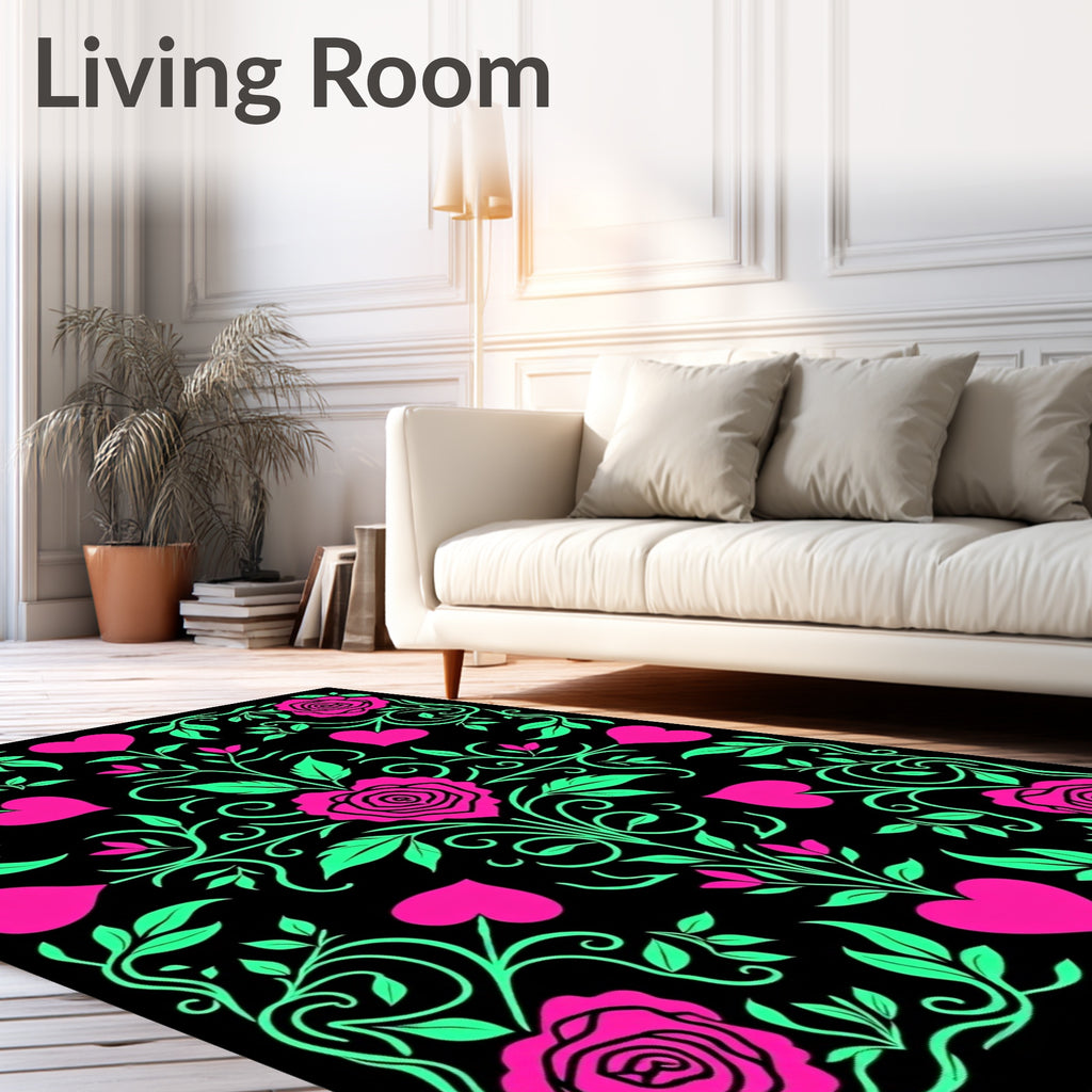 Pink Hearts Green Roses Black Background Rug