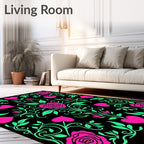 Pink Hearts Green Roses Black Background Rug