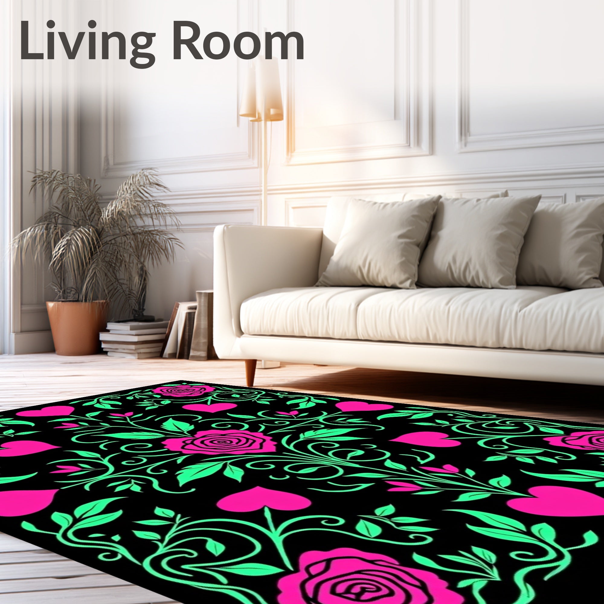 Pink Hearts Green Roses Black Background Rug