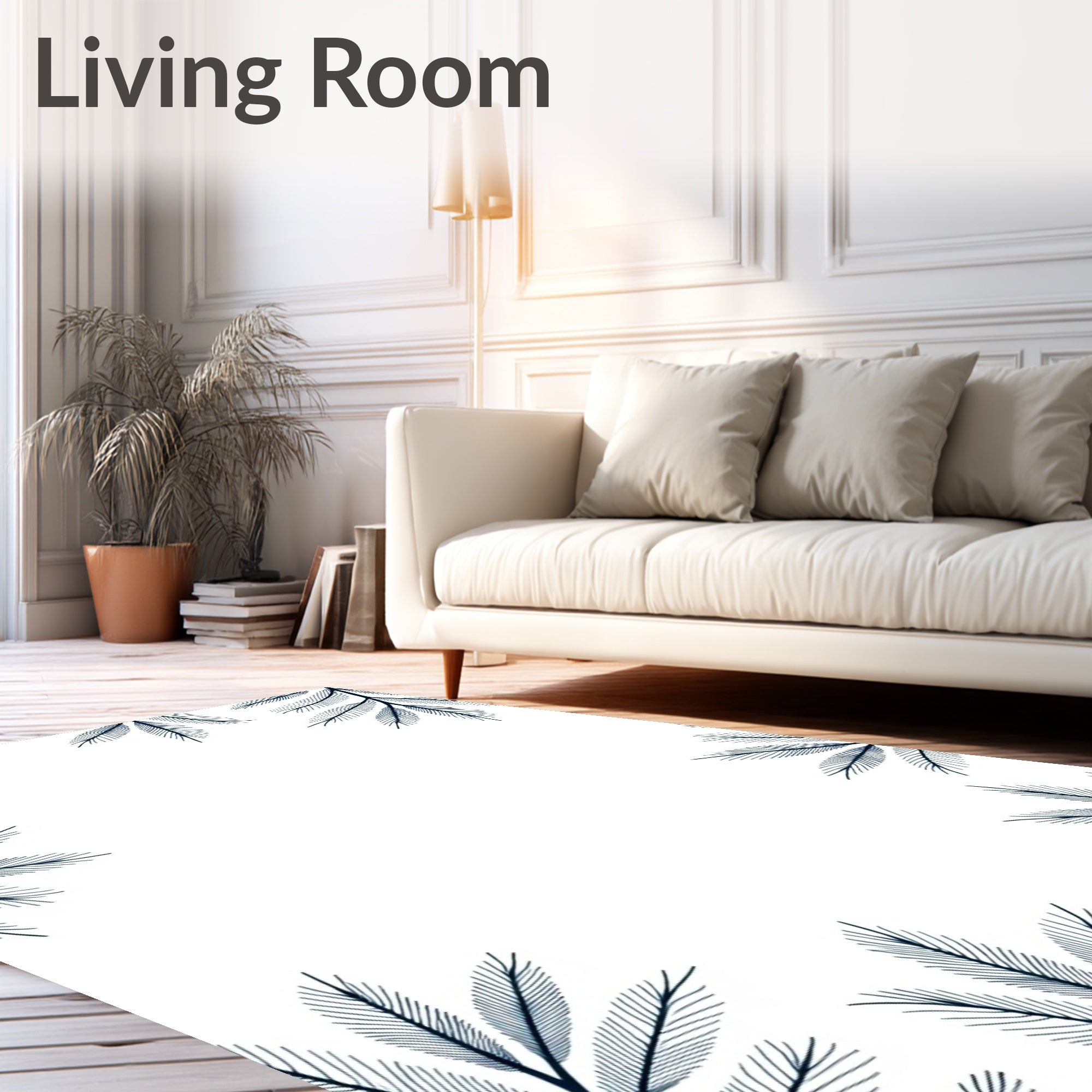 Navy Blue Botanical Leaf Border Rug