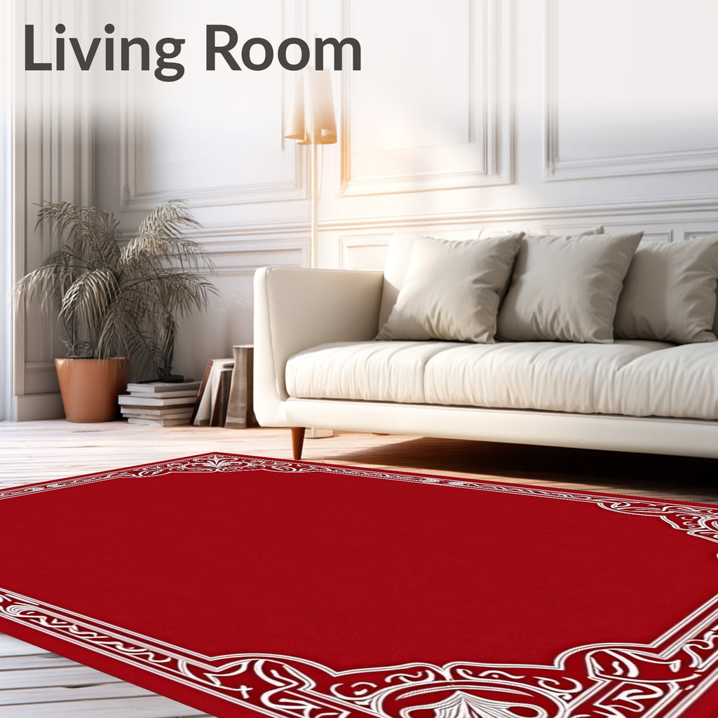 Crimson White Floral Border Frame Rug