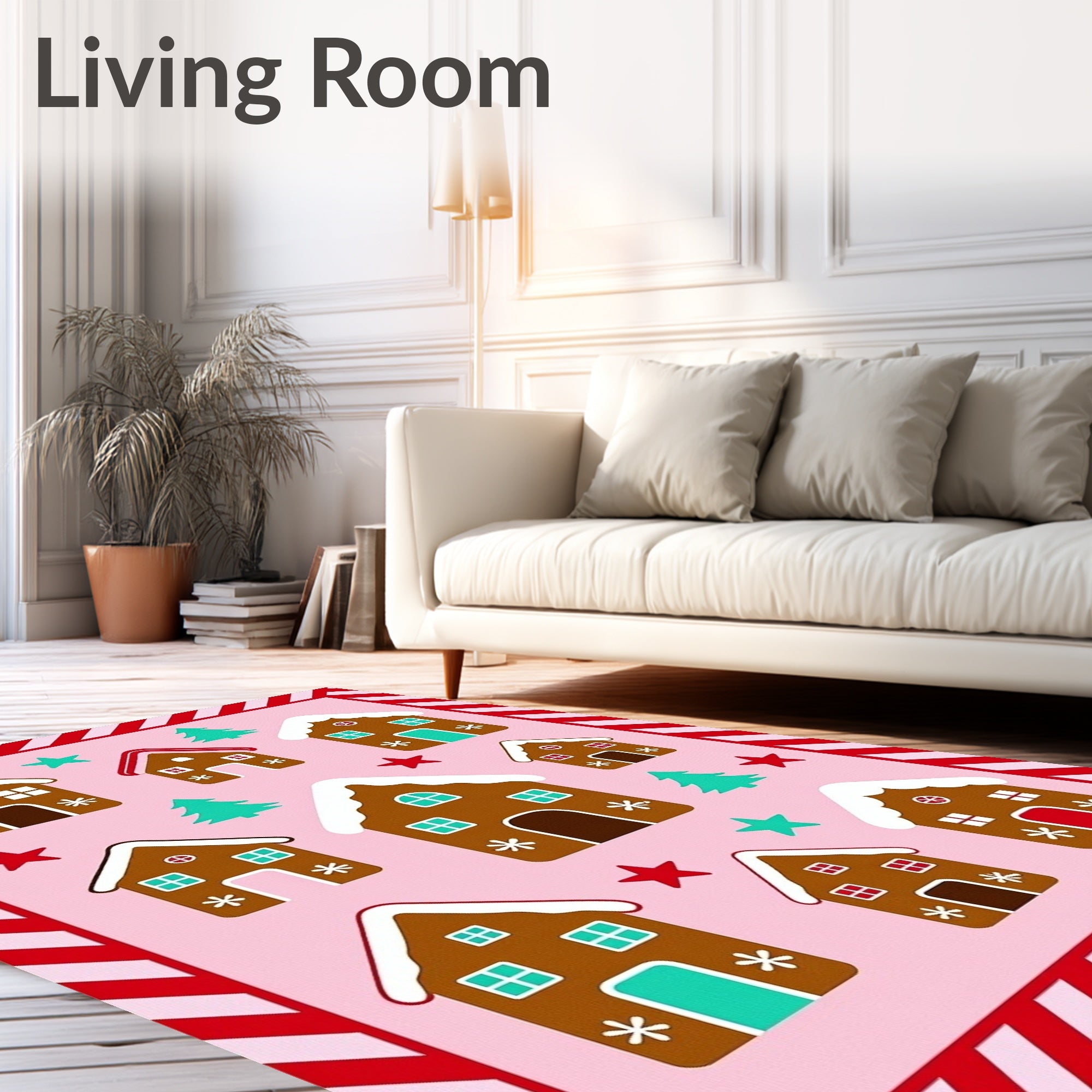 Gingerbread Houses Candy Cane Striped Border Rug