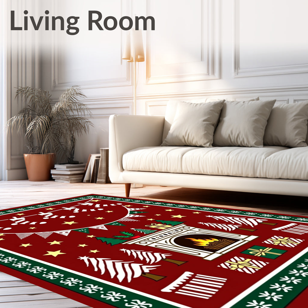 Festive Red Christmas Fireplace Trees Rug
