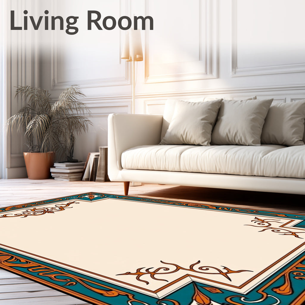 Vintage Teal Orange Floral Frame Rug