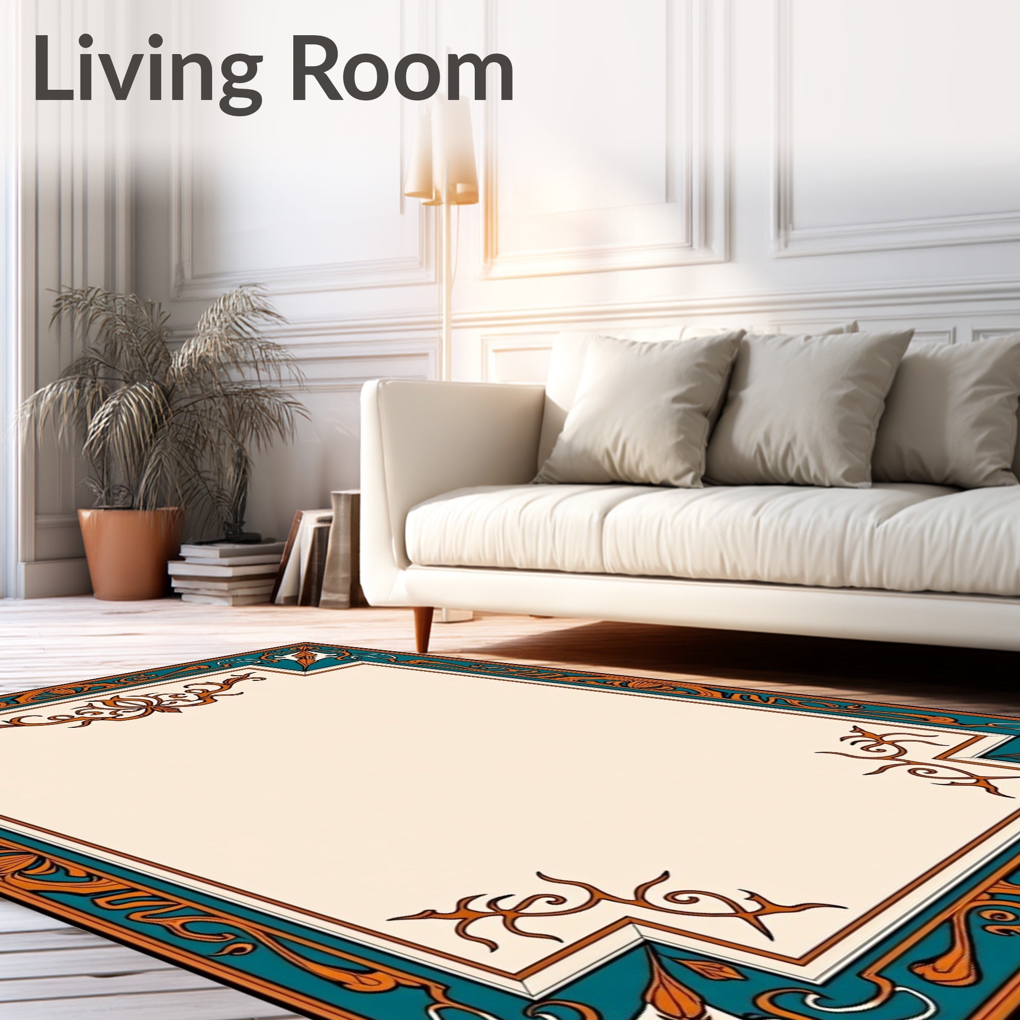 Vintage Teal Orange Floral Frame Rug