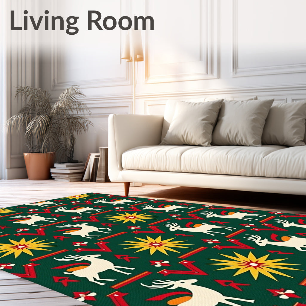 Green White Red Yellow Deer Sun Motif Rug