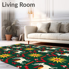 Green White Red Yellow Deer Sun Motif Rug
