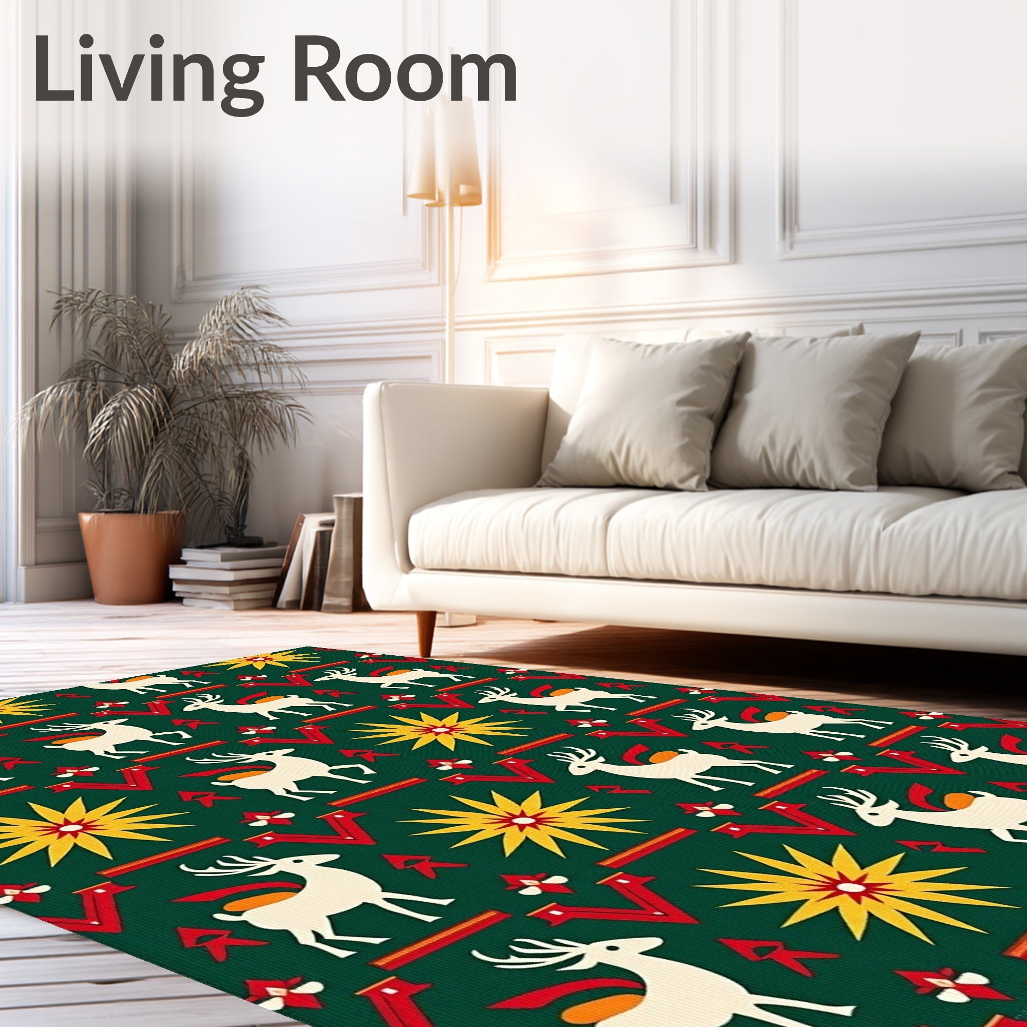 Green White Red Yellow Deer Sun Motif Rug
