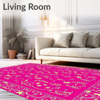 Bright Pink Yellow Floral Scroll Border Rug