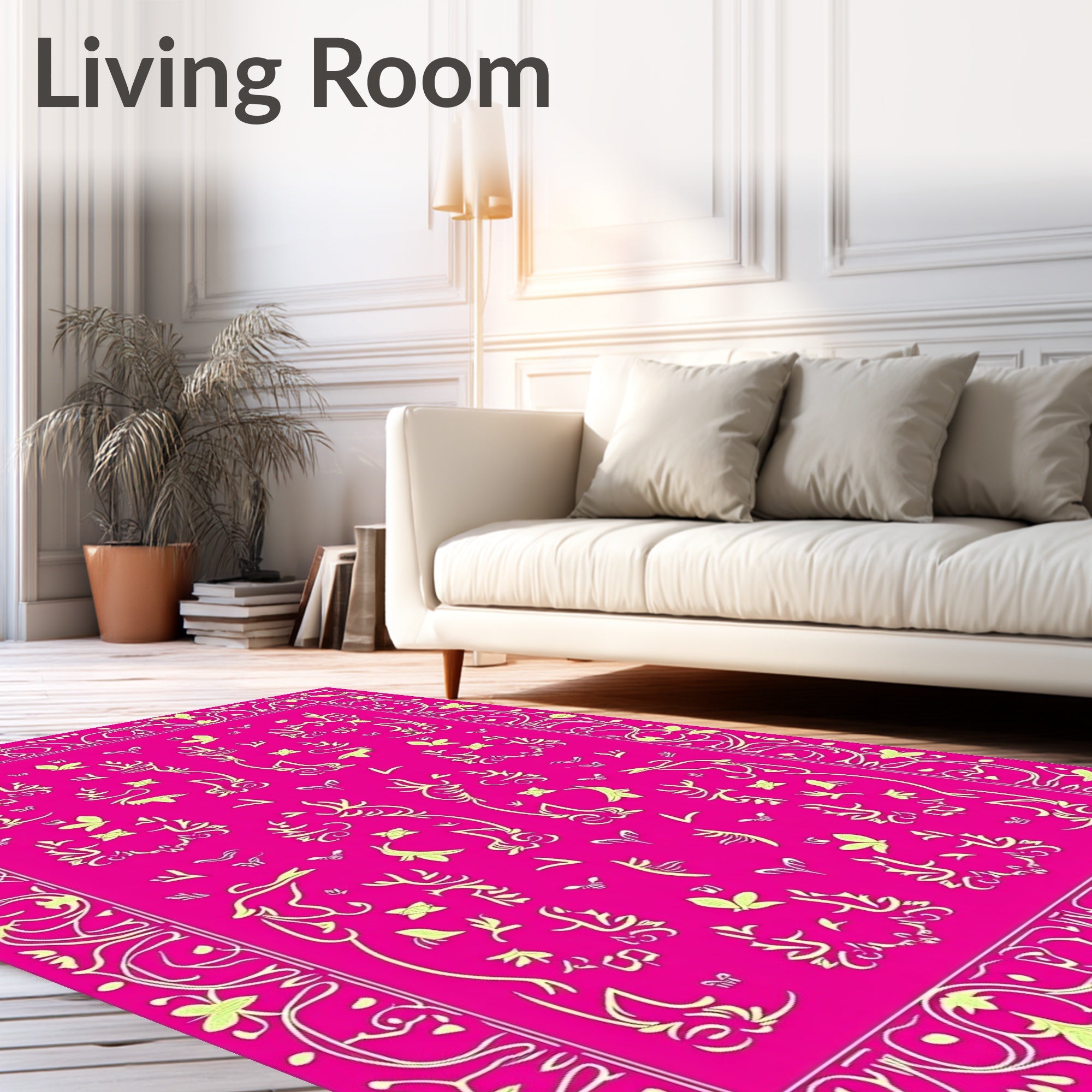 Bright Pink Yellow Floral Scroll Border Rug