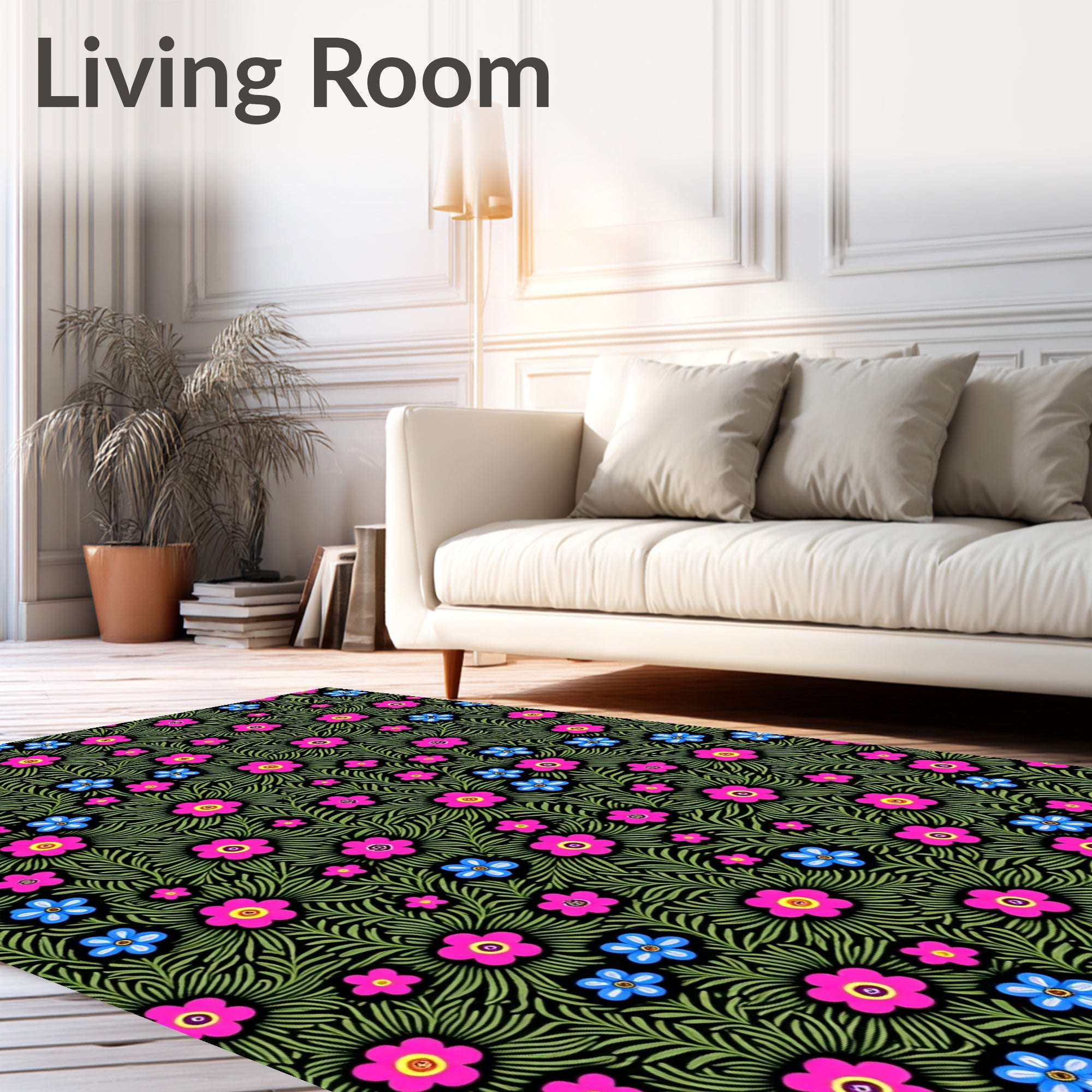 Charming Pink Blue Floral Garden Rug