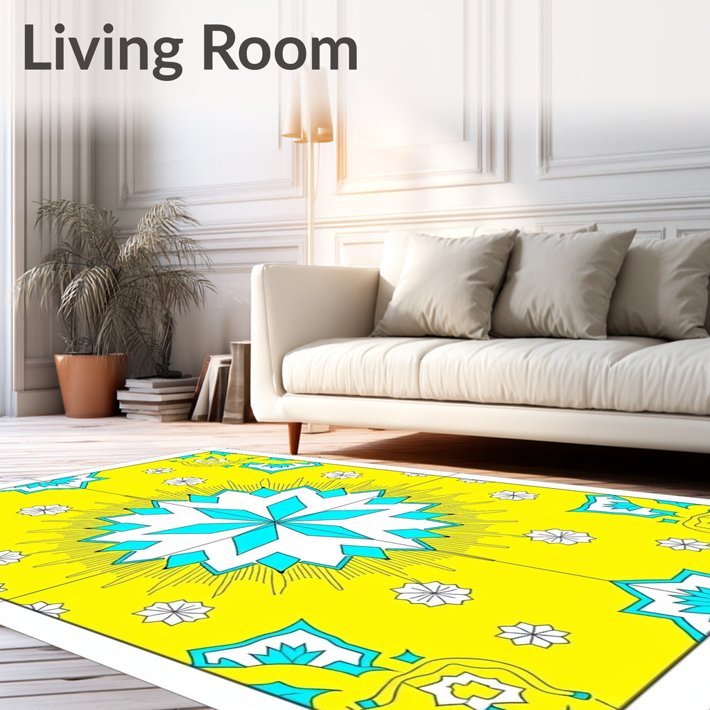 Bright Yellow and Teal Starburst Medallion Rug