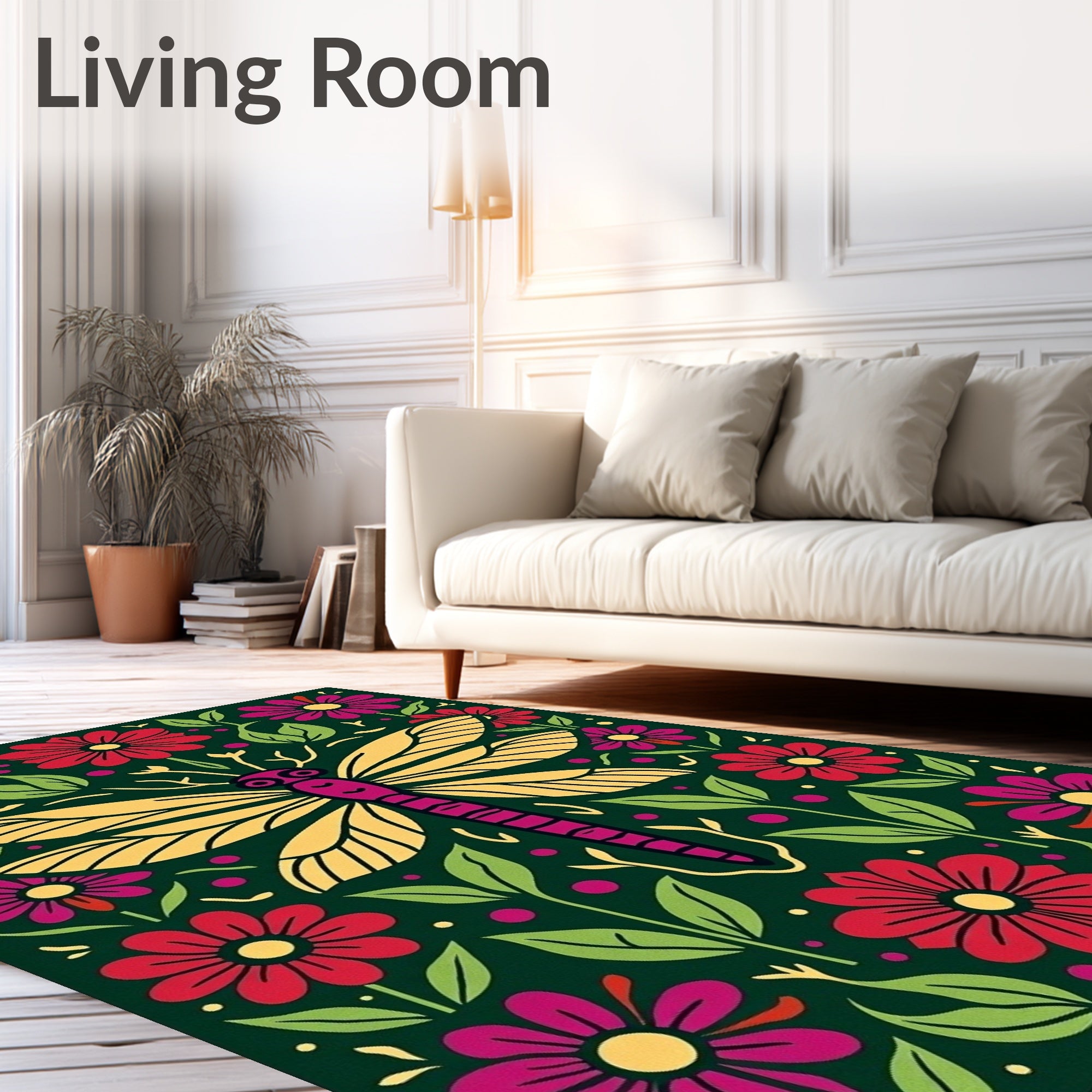 Vibrant Yellow Dragonfly Floral Garden Rug