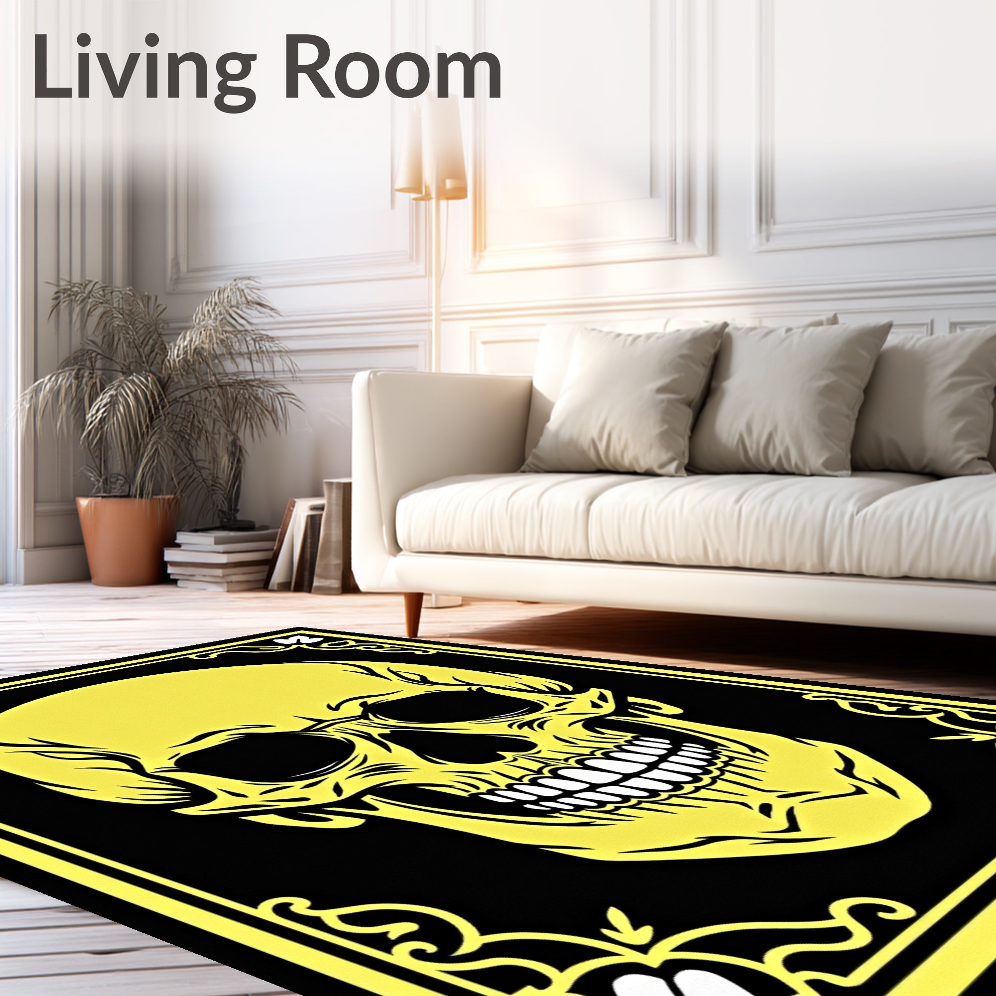 Bold Yellow Skull Black Ornate Frame Rug