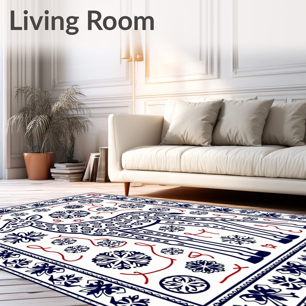 Giraffe Snowflake Border Blue Red Rug