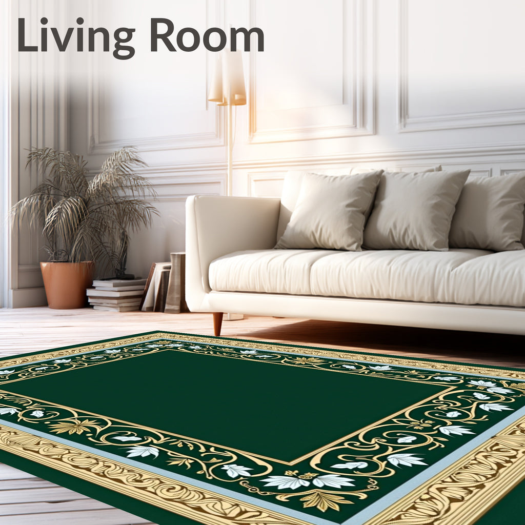 Emerald Green Floral Scroll Border Rug