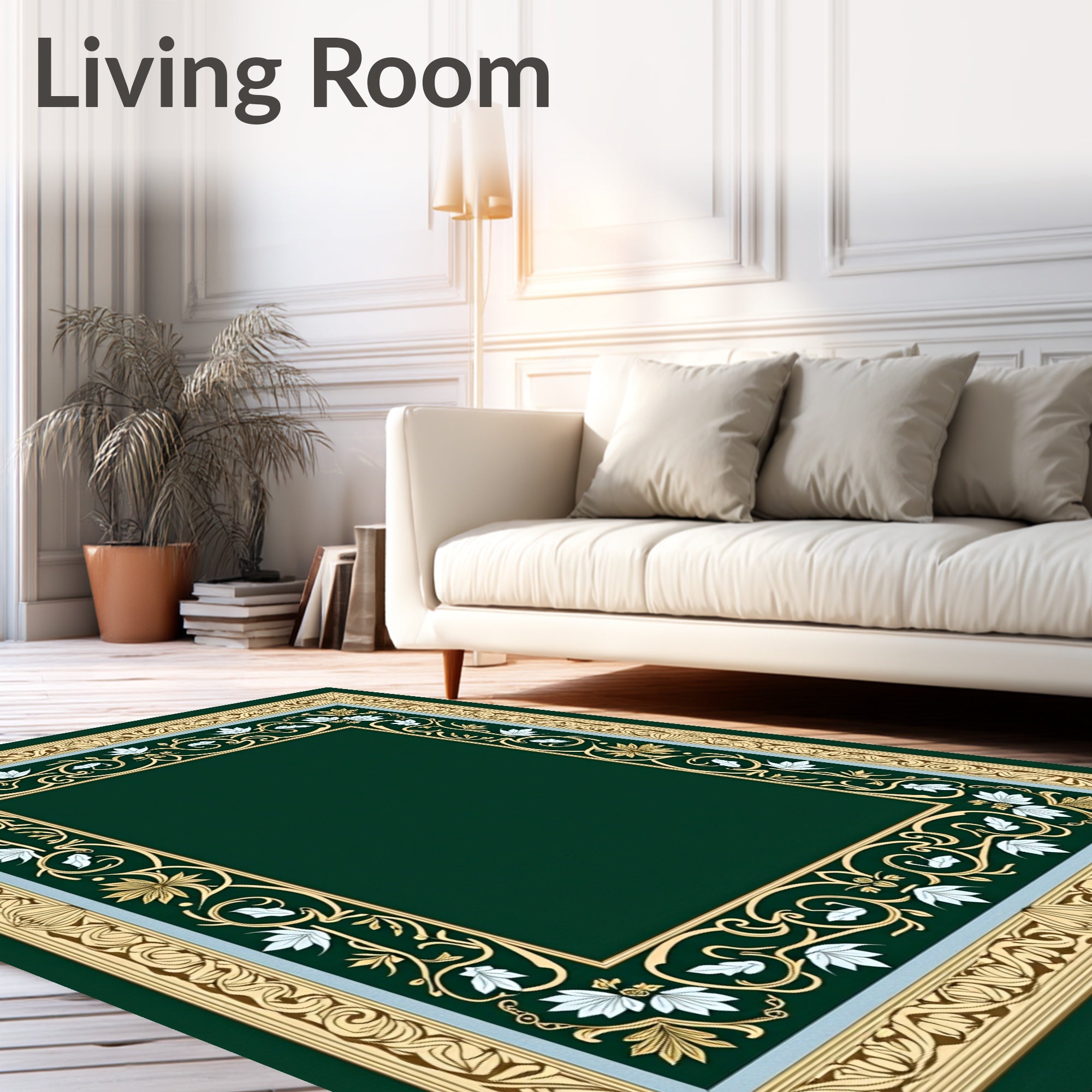 Emerald Green Floral Scroll Border Rug