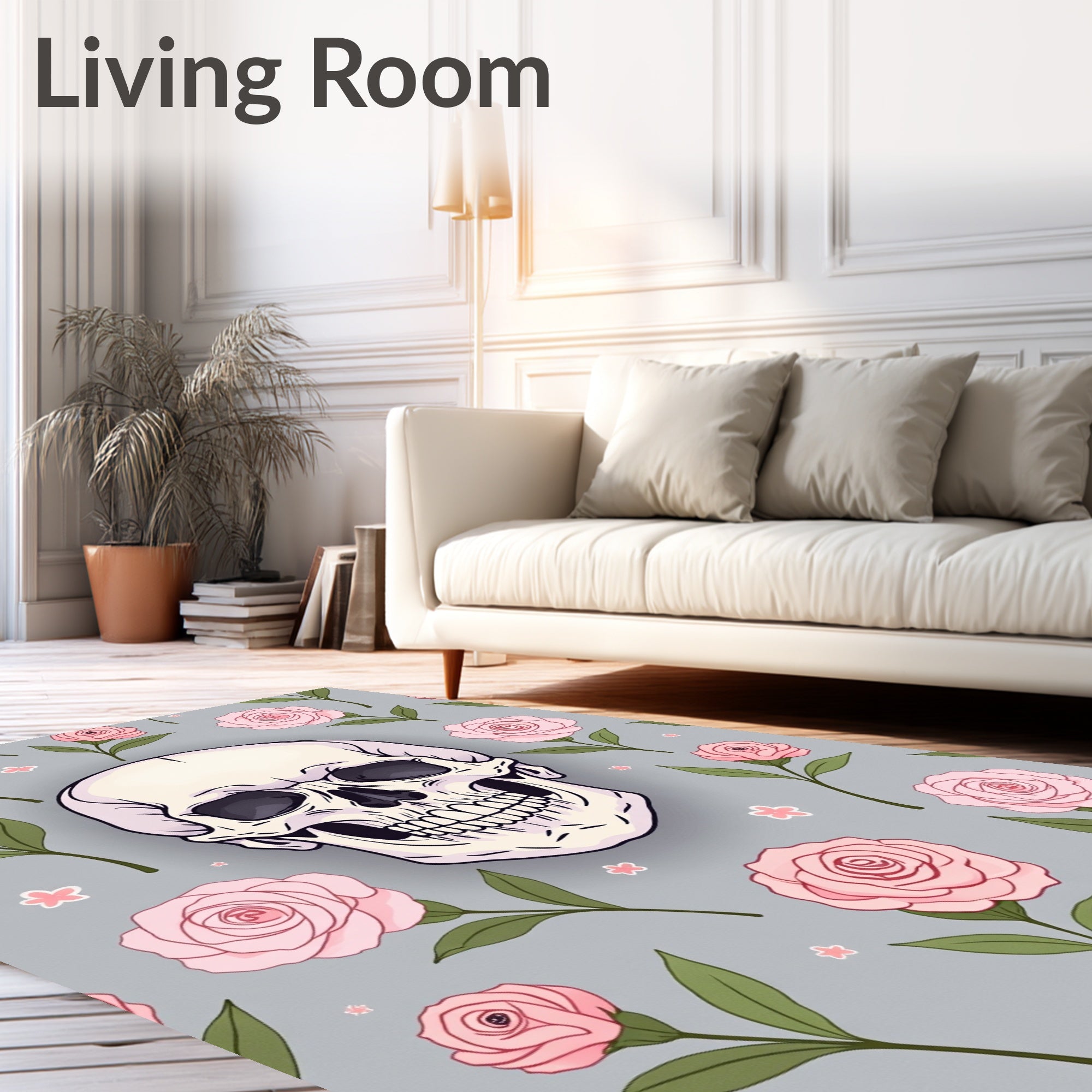 Pale Skull Pink Rose Garden Gray Rug