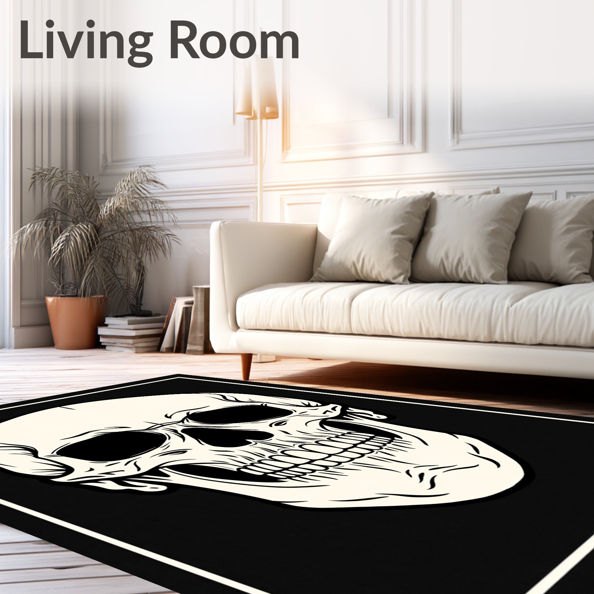 Cream Skull Black Outline Rug