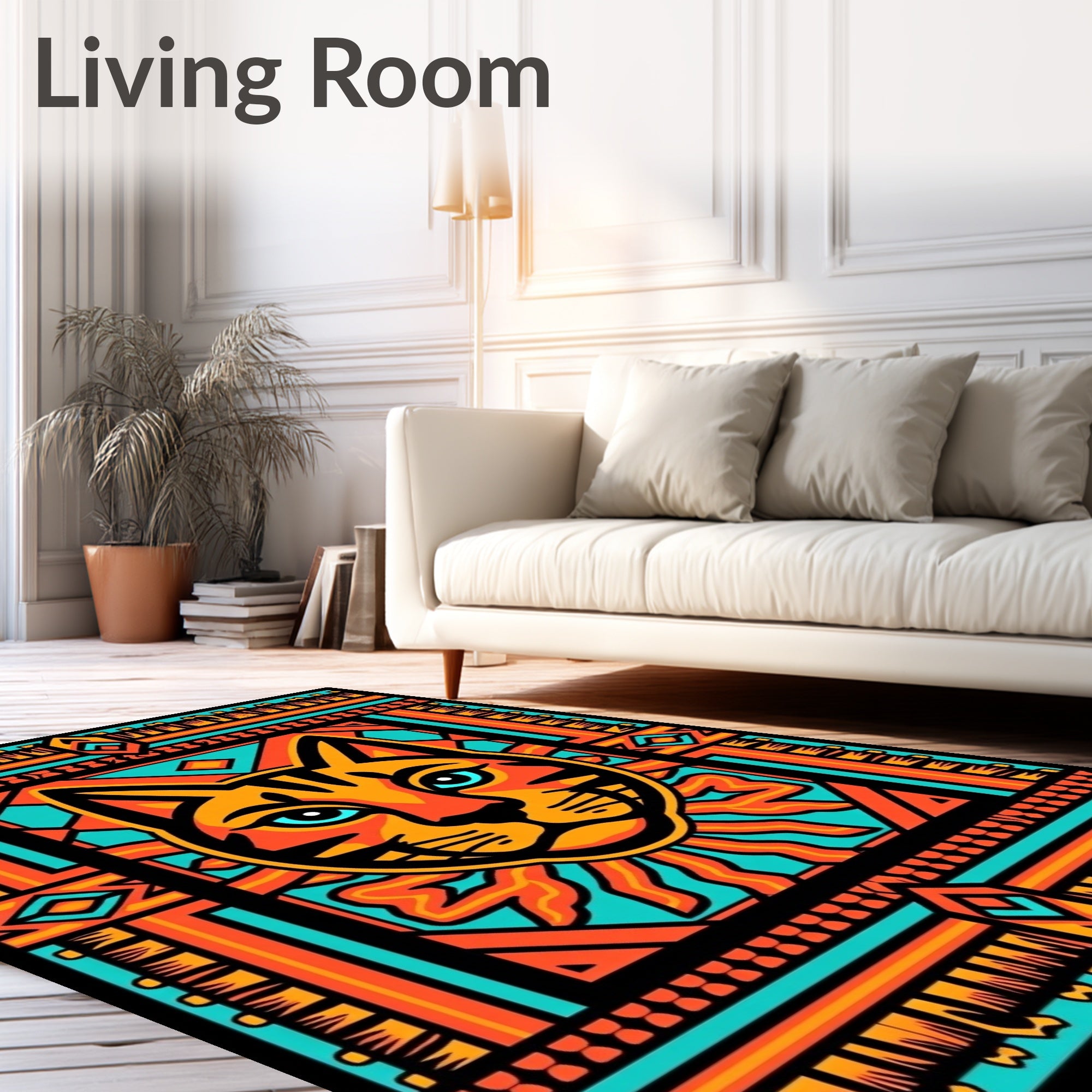 Vibrant Orange Blue Feline Geometric Rug