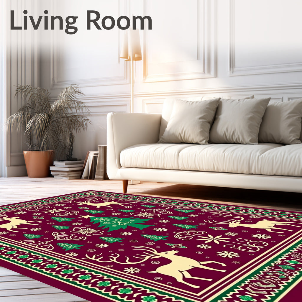 Cream Reindeer Festive Christmas Trees Rug