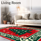 Festive Green Christmas Tree Red Snowflakes Rug