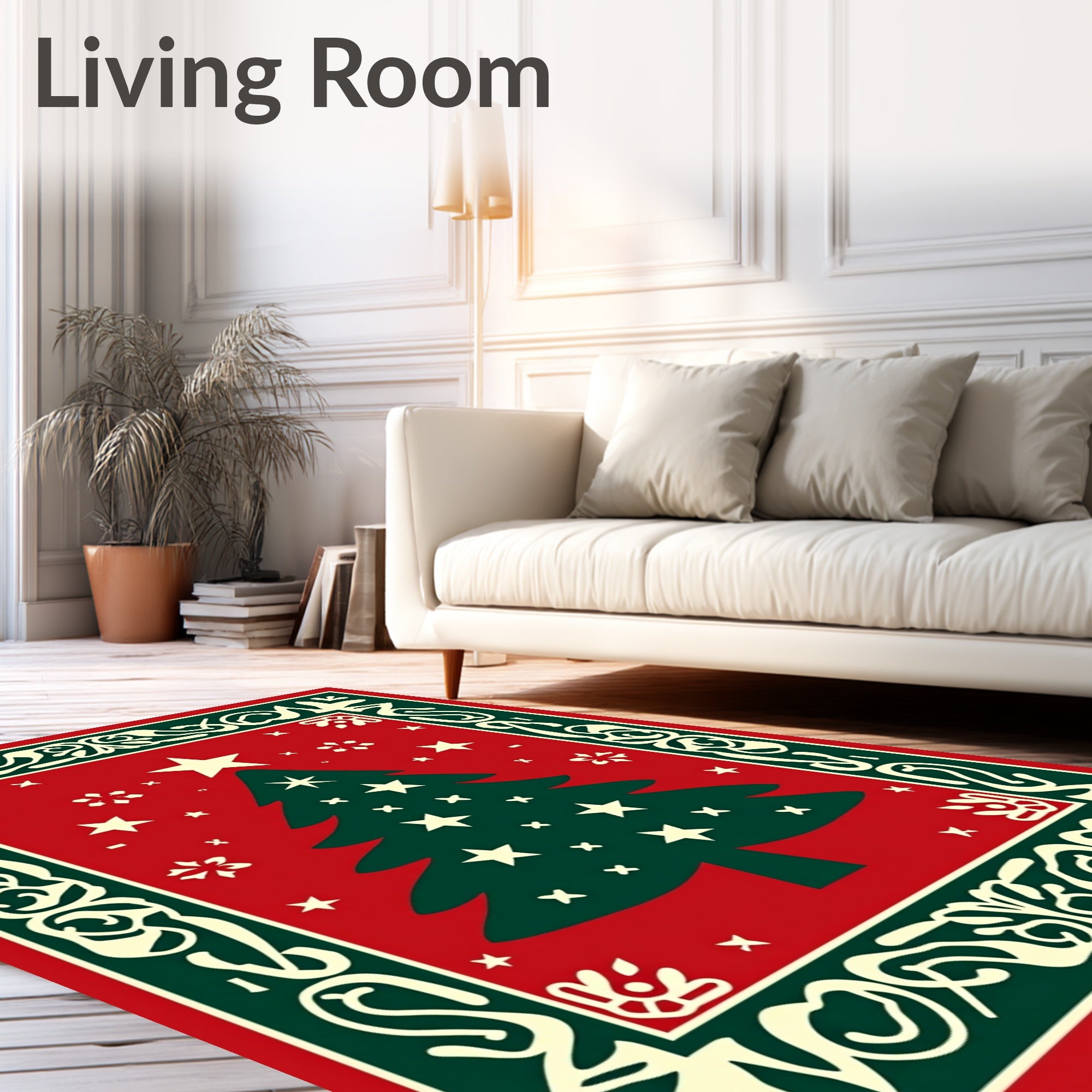 Festive Green Christmas Tree Red Snowflakes Rug