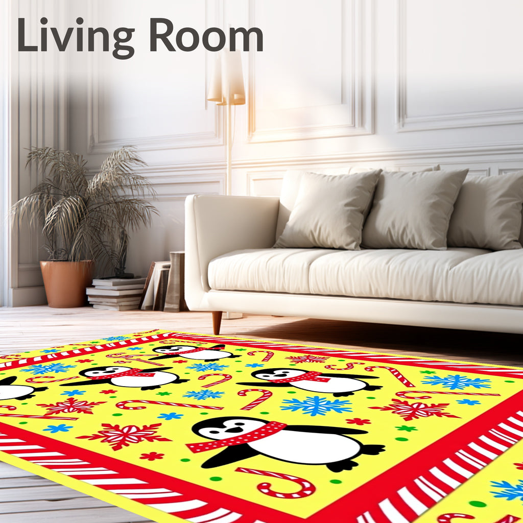 Playful Yellow Penguin Candy Cane Snowflakes Rug