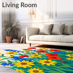 Vibrant Red Yellow Blue Wildflower Garden Rug