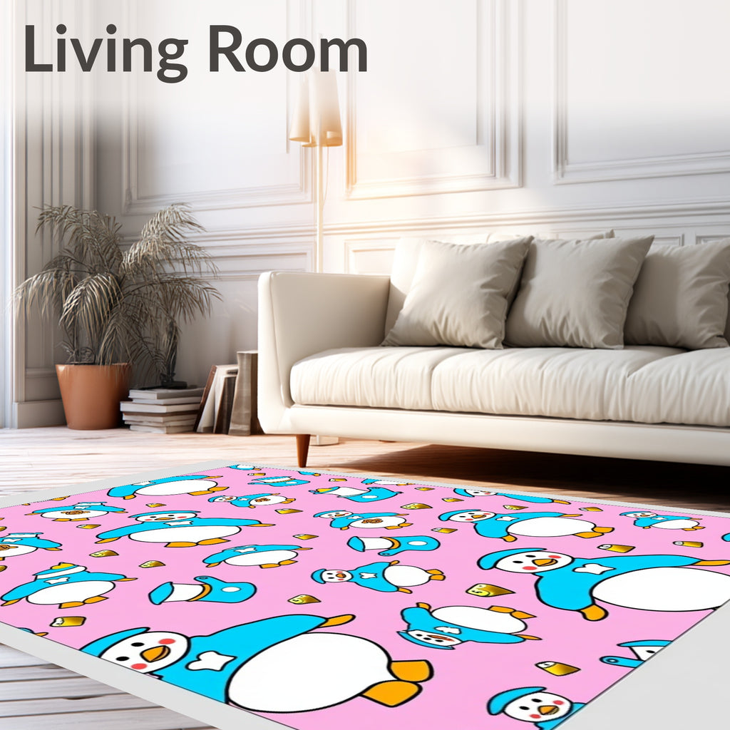 Charming Blue Penguin Pink Background Repeat Rug