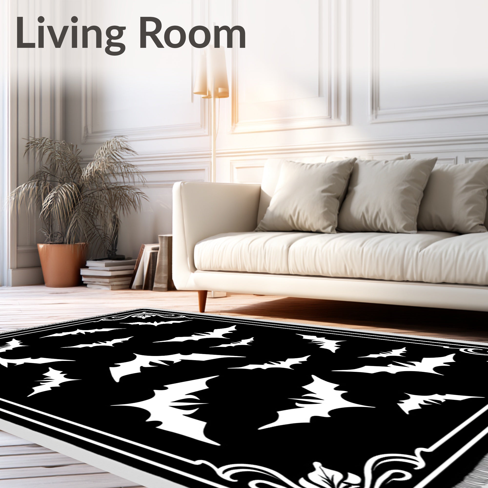 Black White Flying Bats Bordered Rug