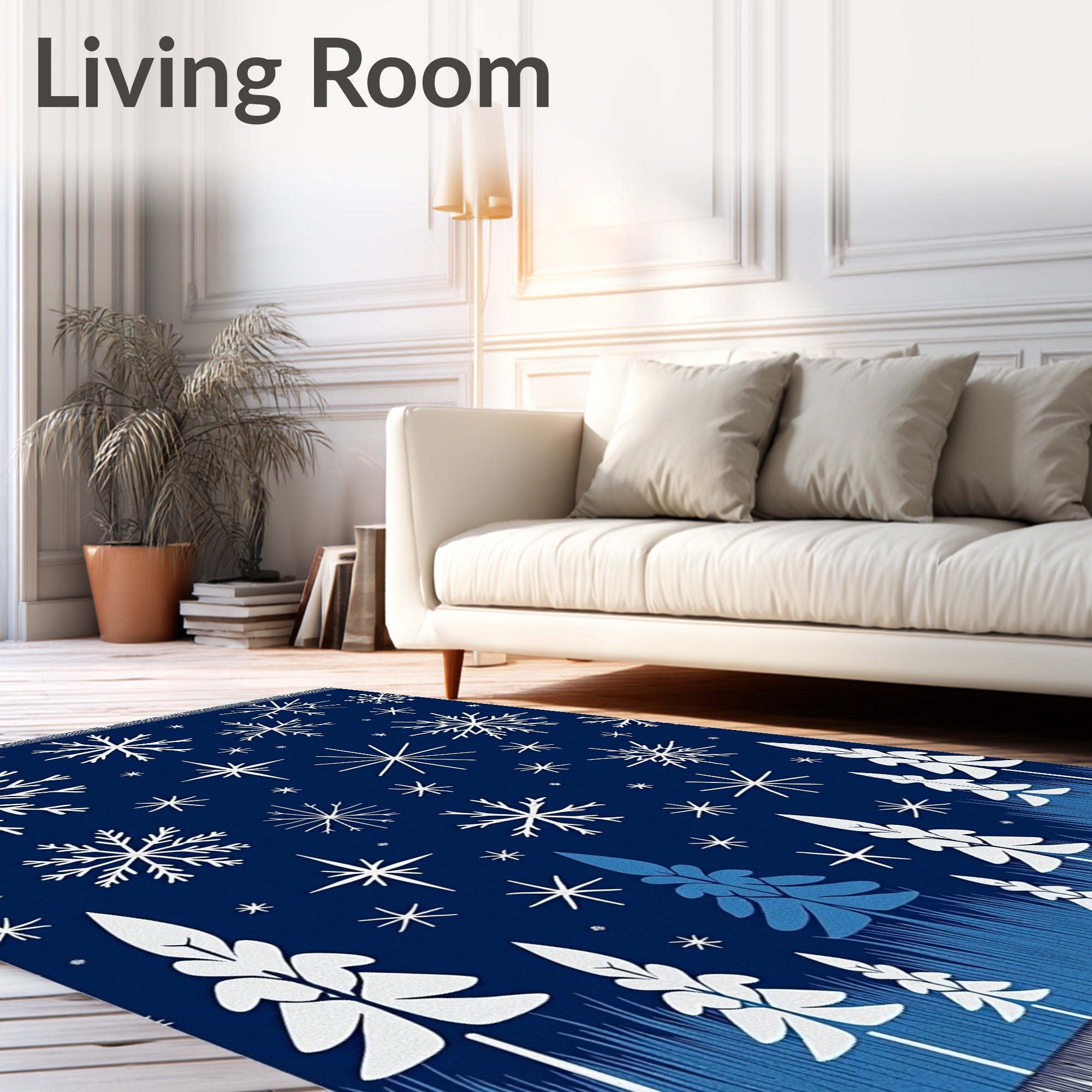 Dark Blue Snowflake and Pine Forest Rug